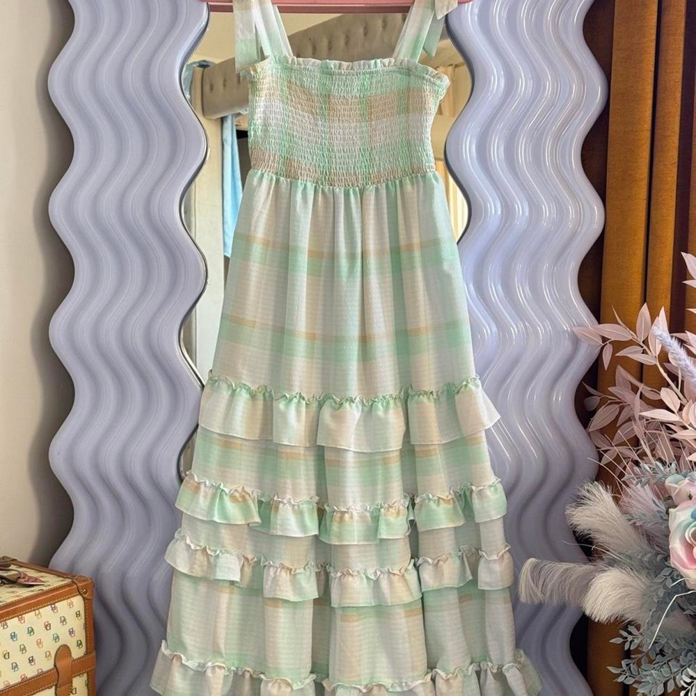 Moon River Mint Green Plaid Smocked Ruffle Midi Dress Bow Straps Small